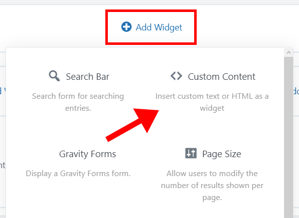 Add Widget options in Gravity Forms: Search Bar, Custom Content, Gravity Forms, and Page Size