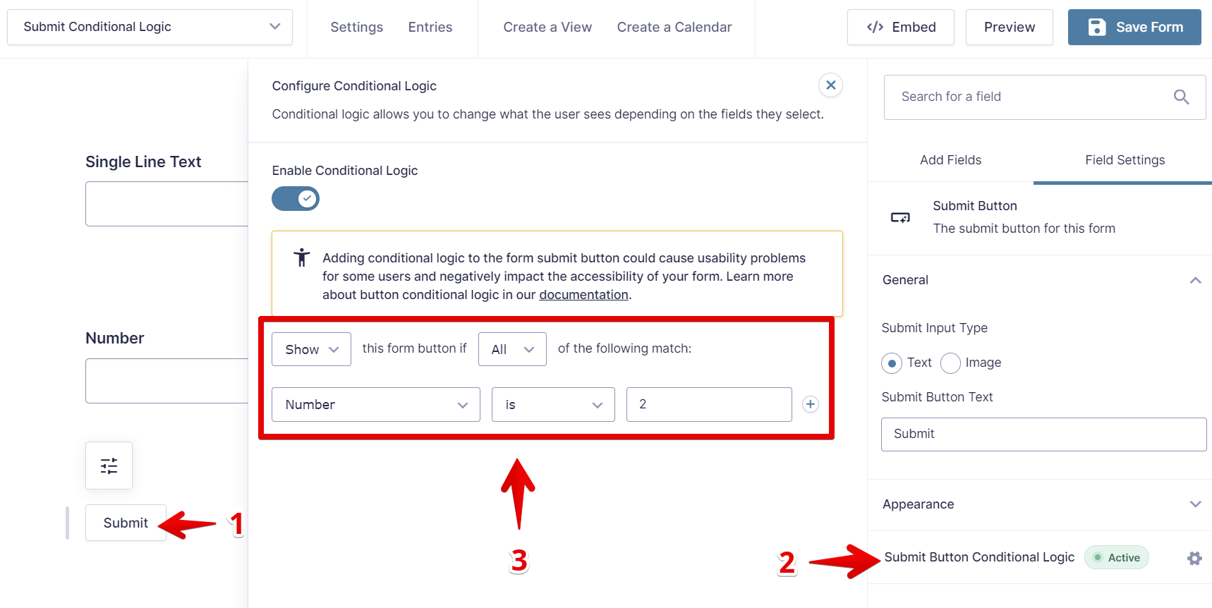 Form settings with conditional logic for displaying the submit button based on number field criteria