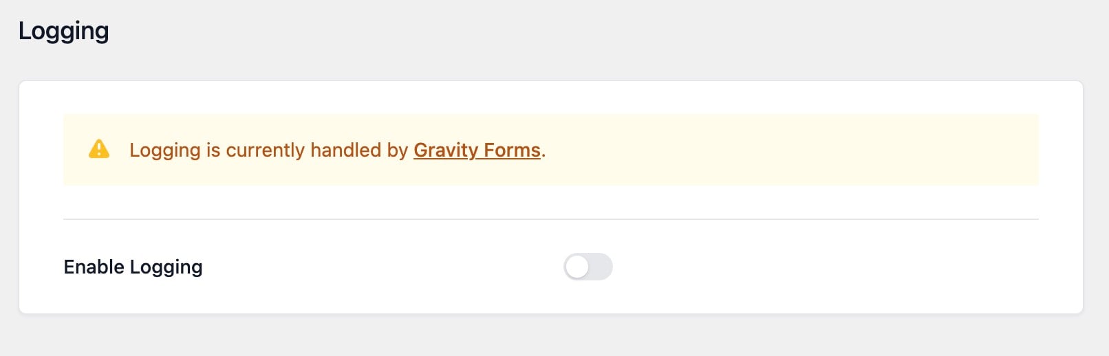 Logging settings indicate it's managed by Gravity Forms with an option to enable logging toggle