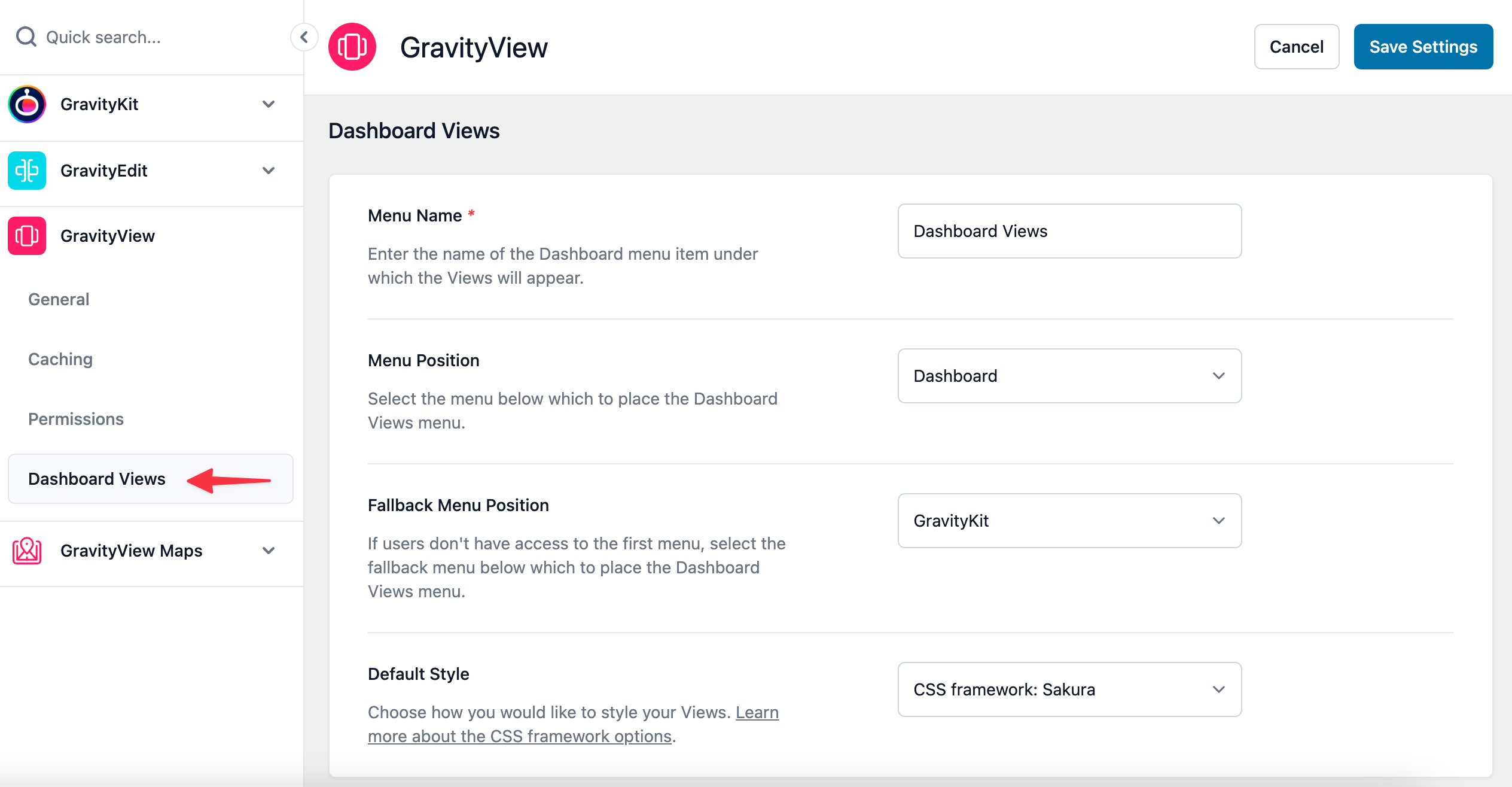 Dashboard settings for menu name, position, fallback, and style options with save and cancel buttons