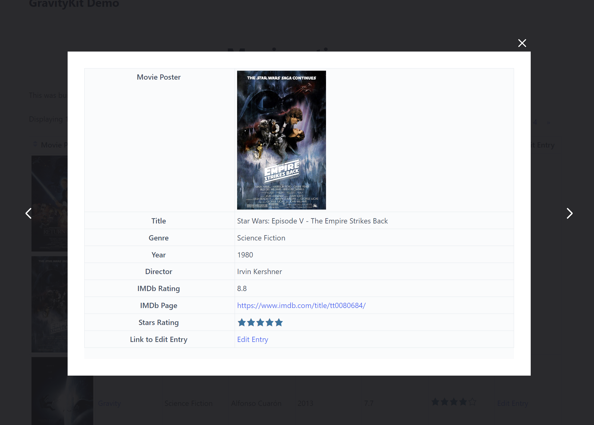 Modal displaying movie details, including title, genre, year, director, IMDb rating, and link to edit entry