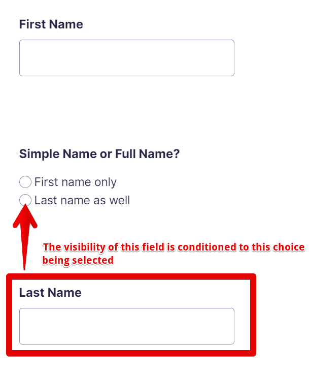 Radio buttons toggle the visibility of the last name field based on selection