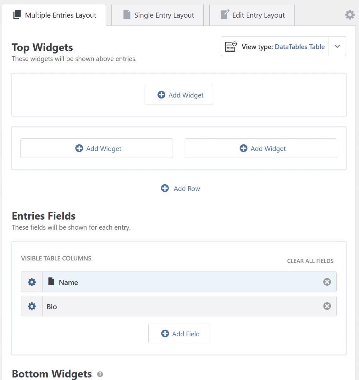 Dynamic widget configuration interface with options to add widgets and fields in entries layout