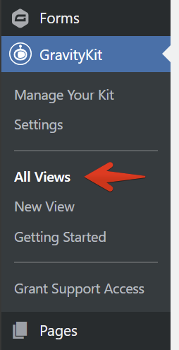 Sidebar menu showing options: Manage Your Kit, Settings, All Views, New View, Getting Started, Grant Support Access