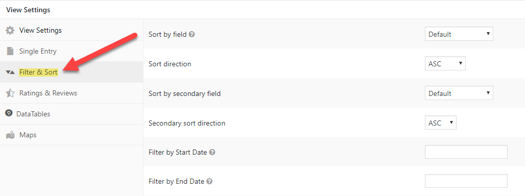 Filter and sort settings menu highlighted for configuring entry display by date