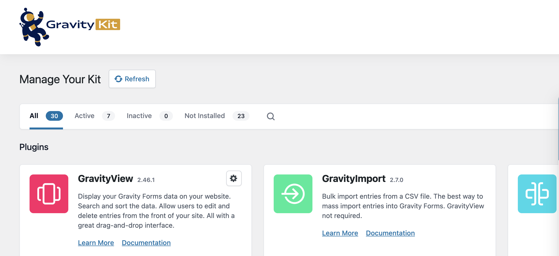 Gravity Kit plugin interface showing options to manage and view installed plugins with version details