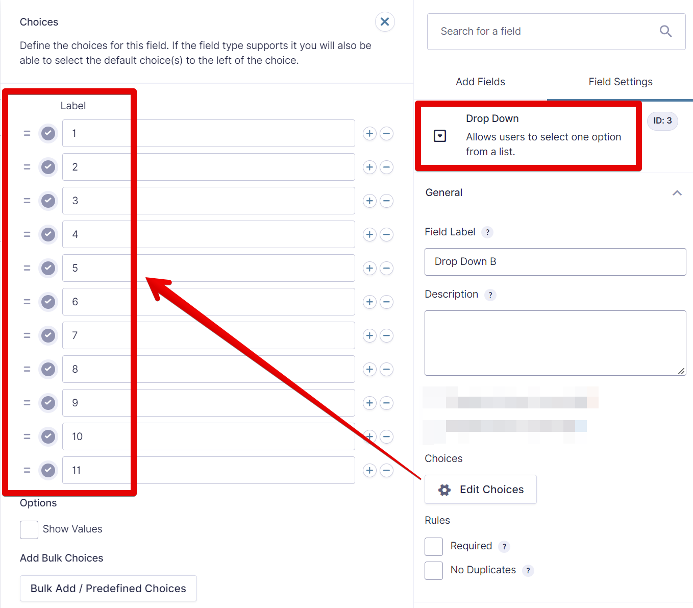 Dropdown field settings with numerical sorting for options 1 to 11