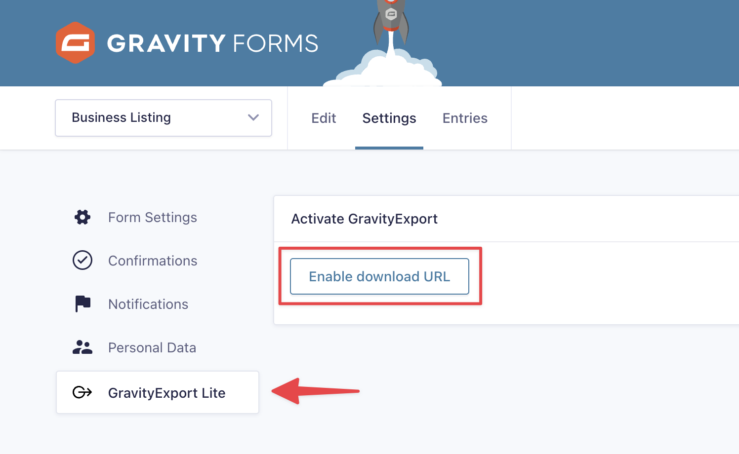 Settings page with "Enable download URL" button in GravityExport Lite