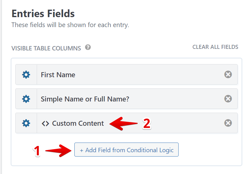 Fields list with "Add Field from Conditional Logic" button and visible table columns options