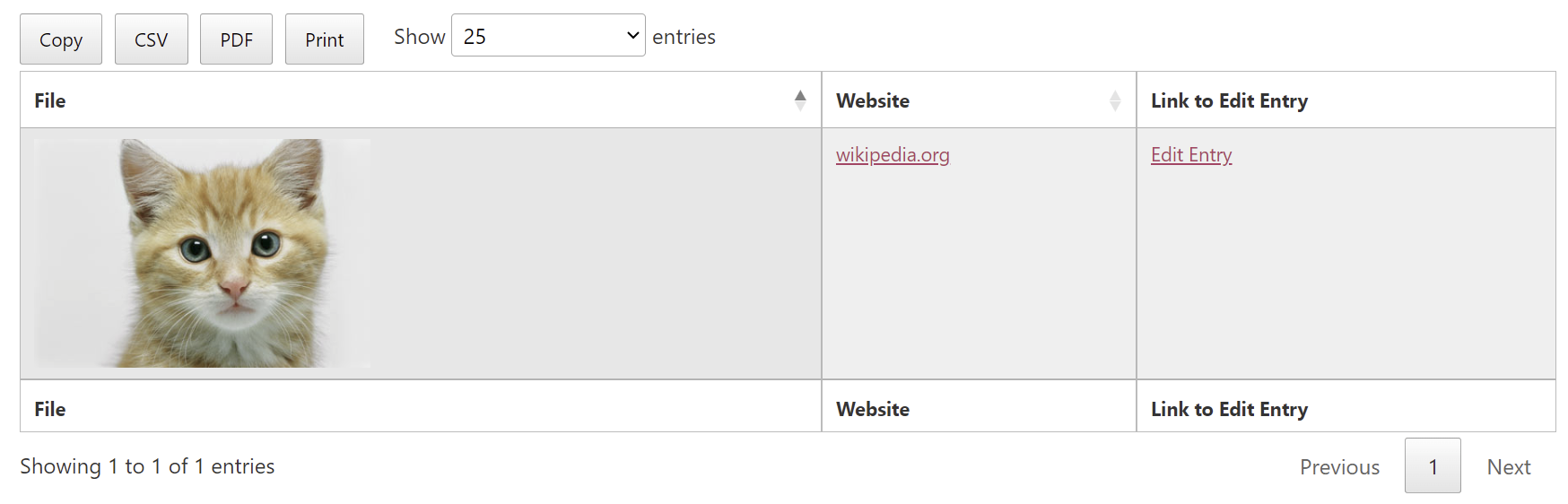 Data table showing a cat image, a URL to wikipedia.org, and an Edit Entry link