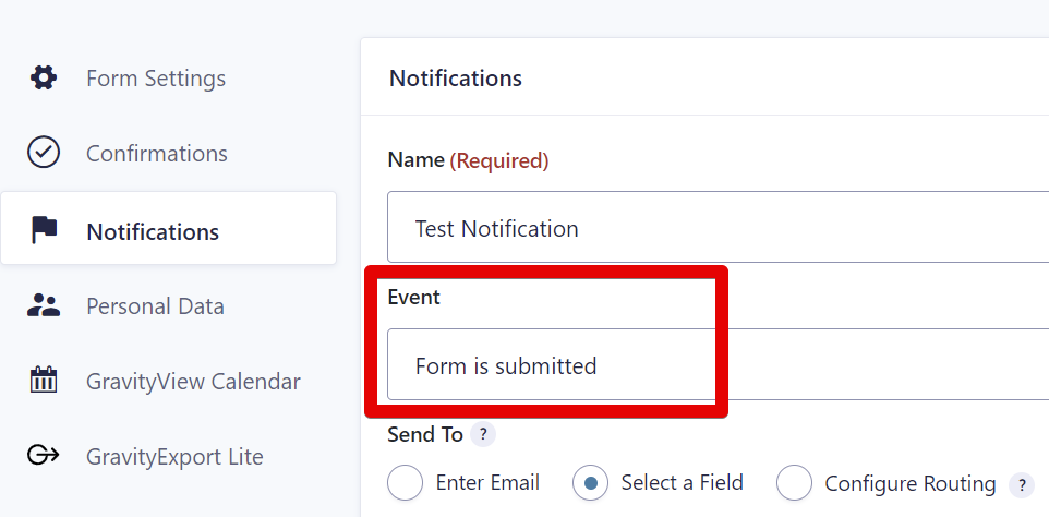 Notifications settings for form submission event in GravityEdit