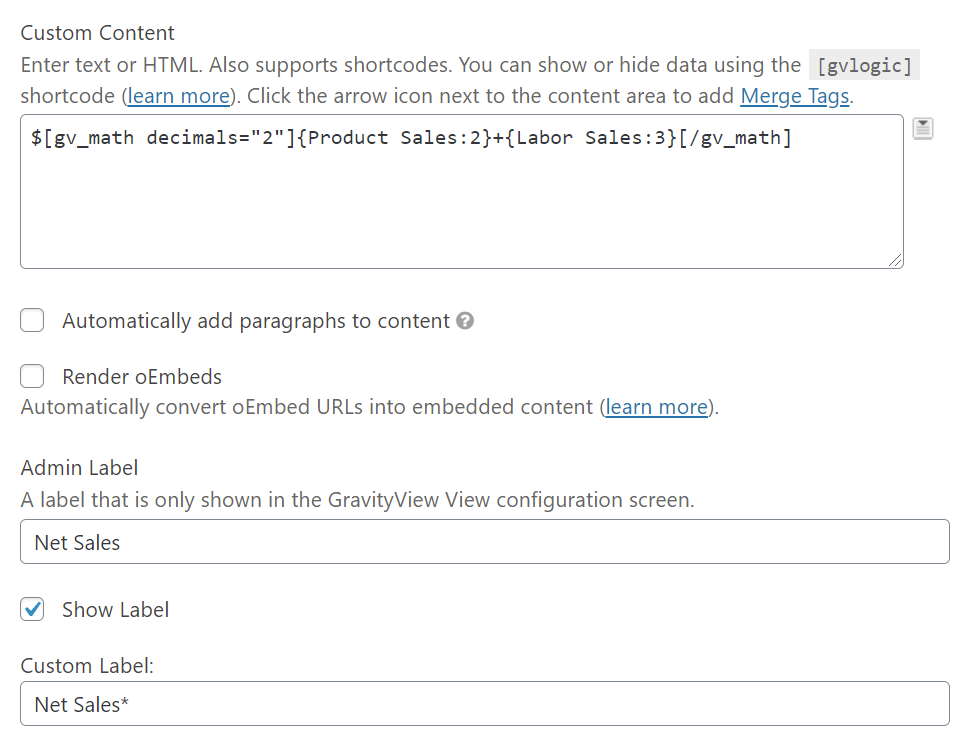 Pricing fields calculation using GravityView math for Product and Labor Sales with custom label, "Net Sales."