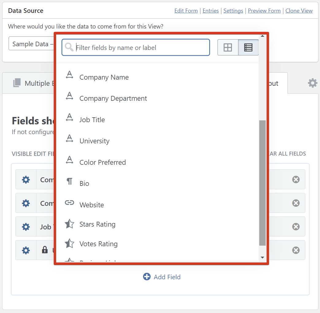 Field selection dropdown showing filter options in Edit Entry configuration screen