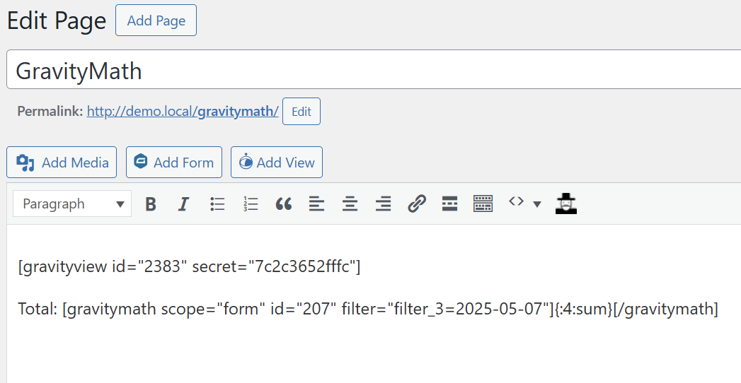 WordPress editor with GravityMath shortcode for calculating form field totals
