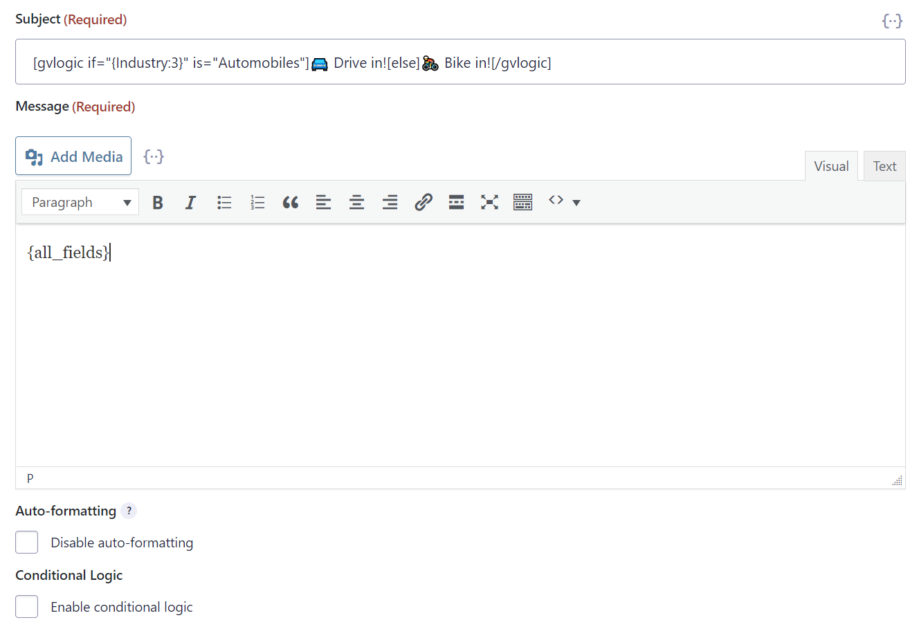 Gravity Forms notification setup using shortcodes and conditional logic in the subject field