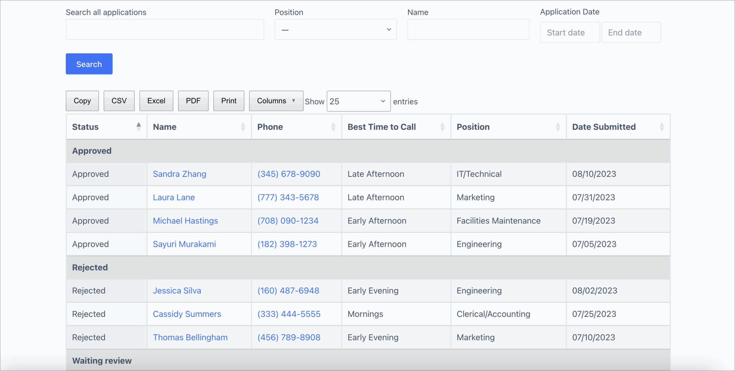 Table of application statuses with options for search, export, and view entries per page