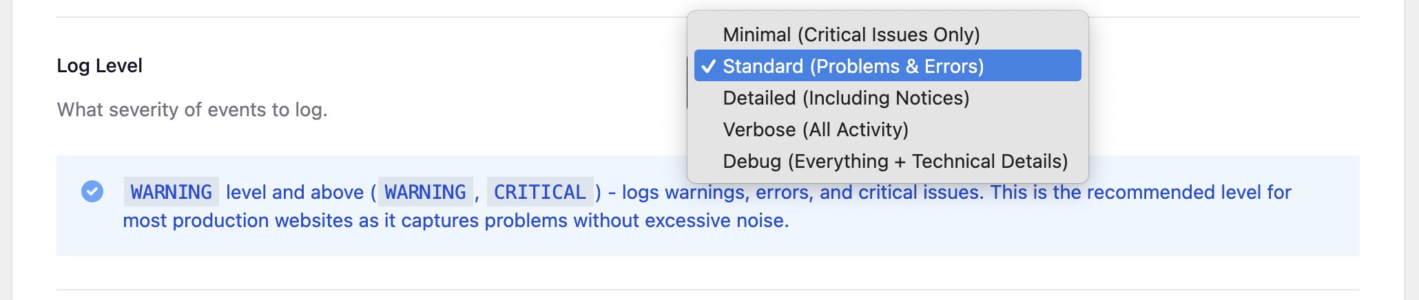 Log level setting in GravityKit, showing "Standard" for logging warnings, errors, and critical issues