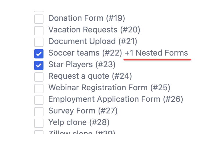 Selected forms: Soccer teams (#22) with 1 nested form, Star Players (#23)