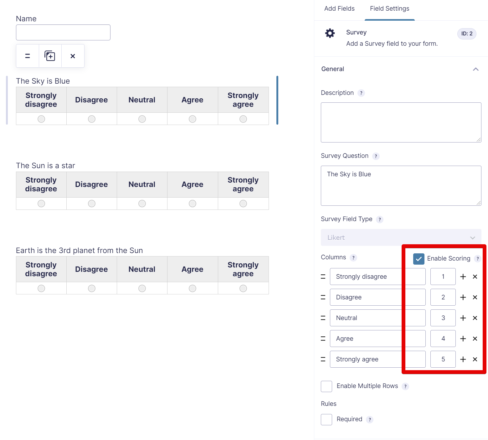 Survey form with Likert scale questions, scoring options enabled, and scoring values assigned from 1 to 5