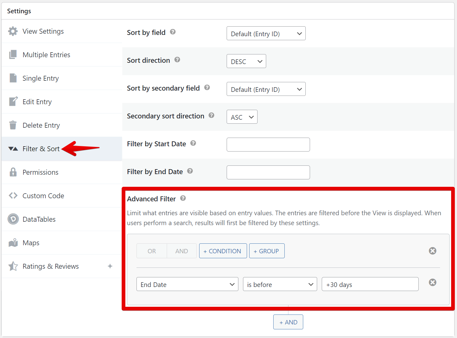 Advanced filter settings for expiring entries after 30 days. Filter by end date condition included