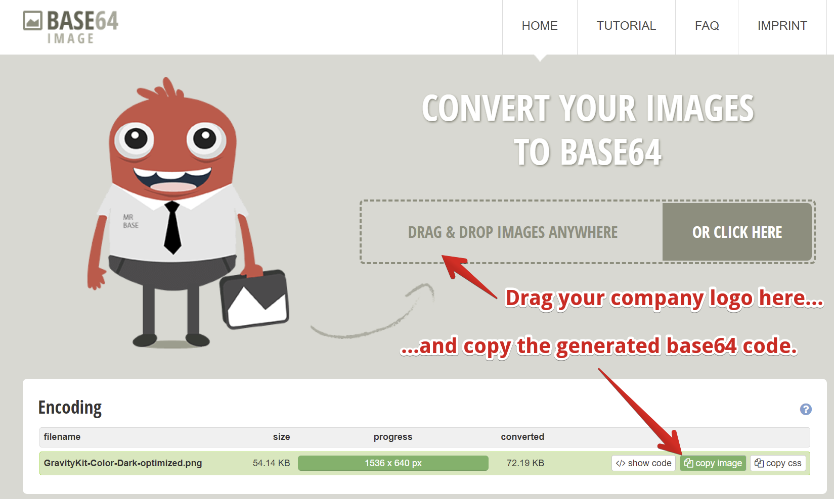 Drag your company logo to convert to Base64 and copy the code