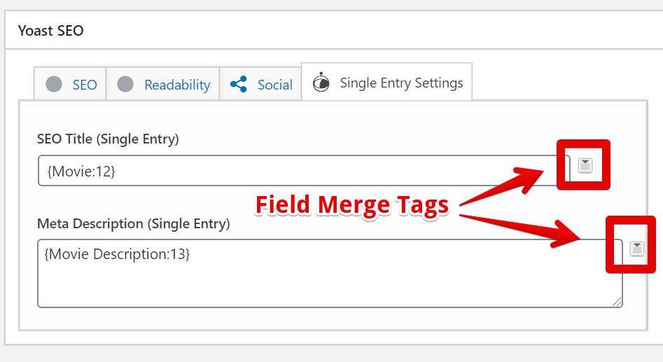 SEO setup screen with Yoast. Fields for SEO Title and Meta Description, using field merge tags