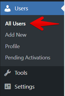 Sidebar menu with options: All Users, Add New, Profile, Pending Activations, Tools, Settings. Red arrow points to All Users
