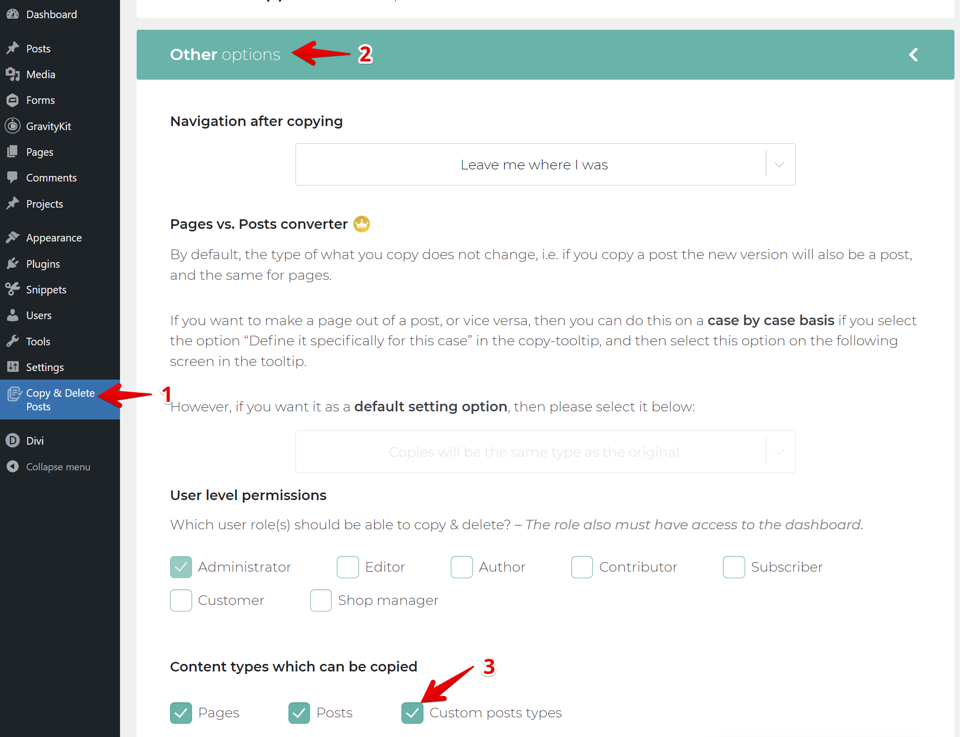 Copy and Delete Posts settings screen; options for user permissions and content types to copy