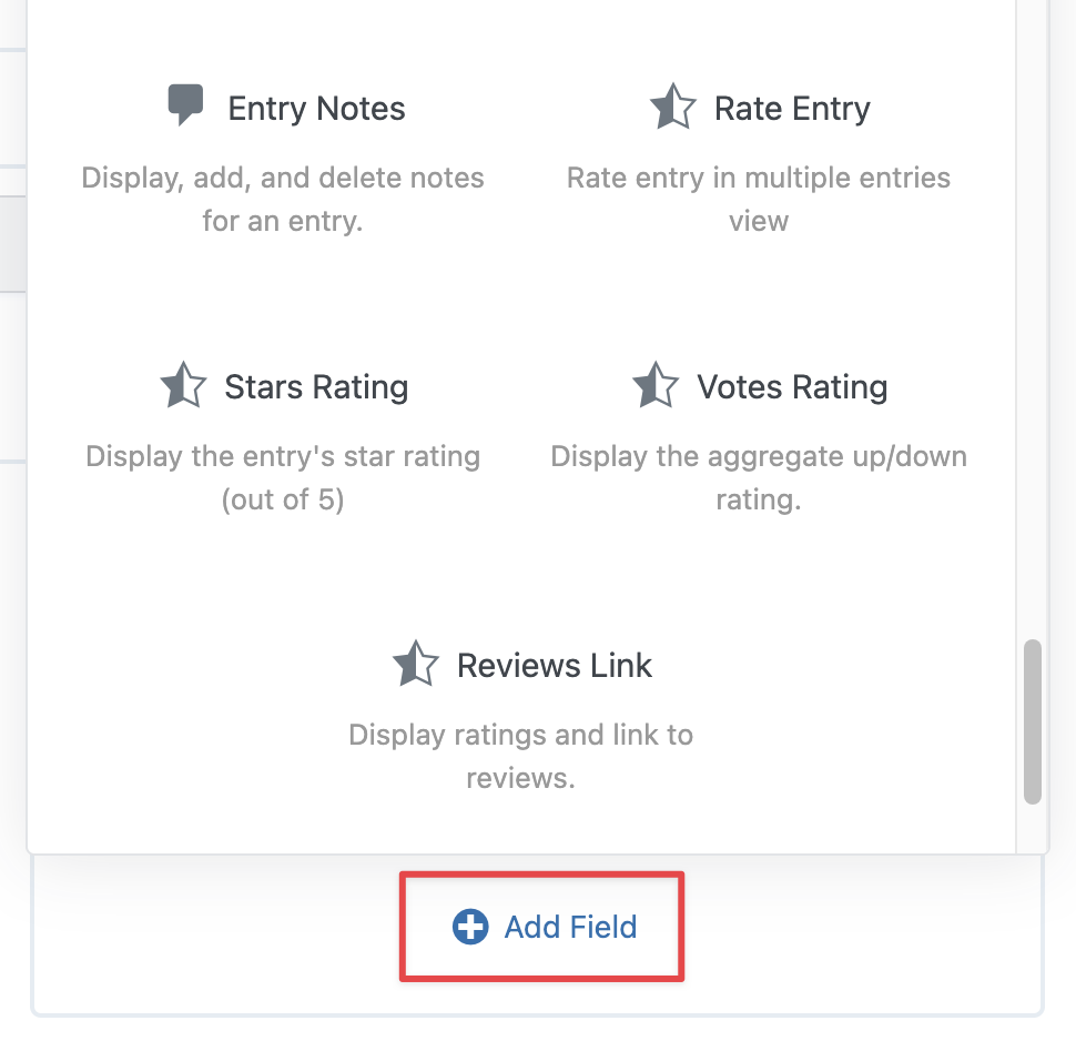 Entry options for notes, ratings, reviews, with an "Add Field" button highlighted at the bottom