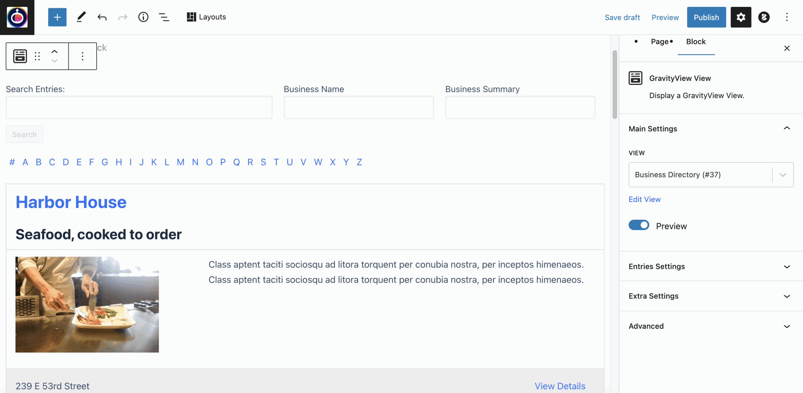 Block editor interface displaying GravityView with search options and business directory preview
