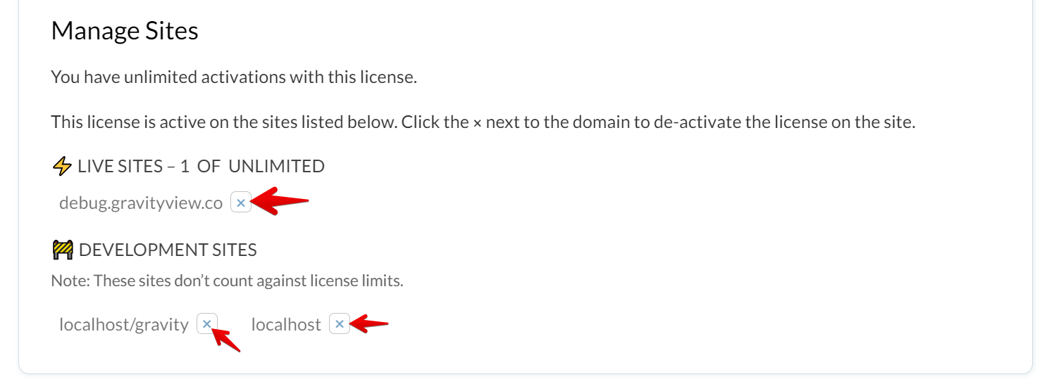 Manage Sites: Lists active live and development sites with option to deactivate licenses