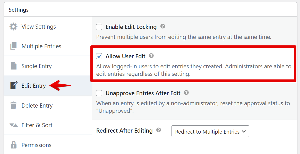 Settings menu with "Allow User Edit" option enabled, allowing users to edit their own entries