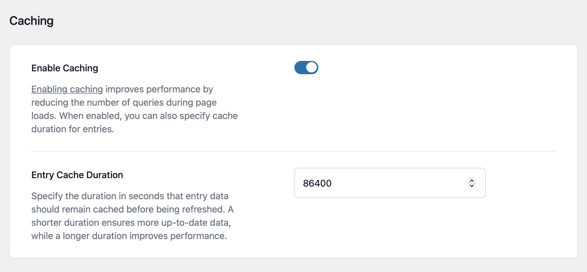 Enable caching toggle with entry cache duration set to 86400 seconds for performance improvement