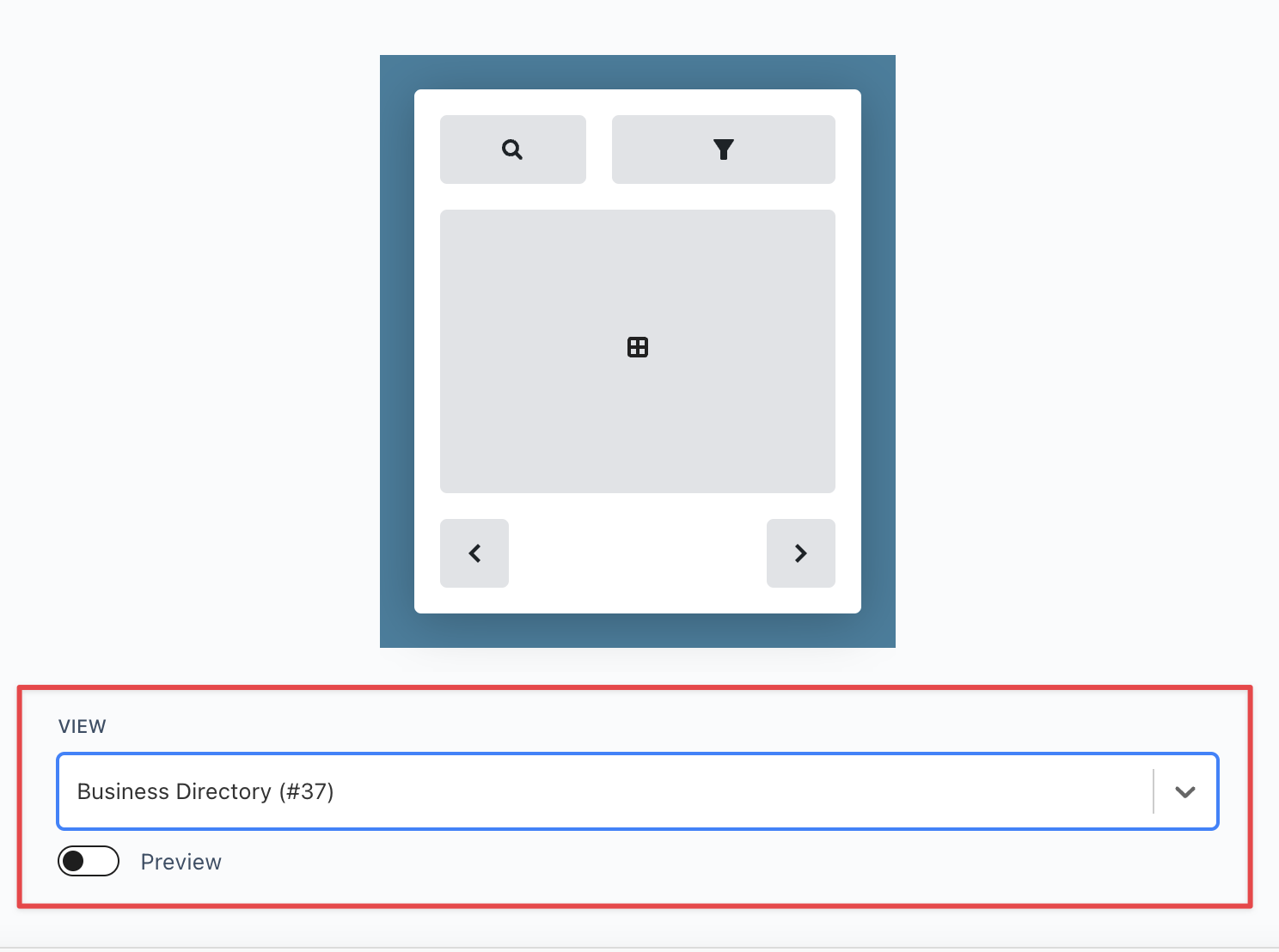 Business Directory view selection with preview toggle for embedding views and entries using blocks