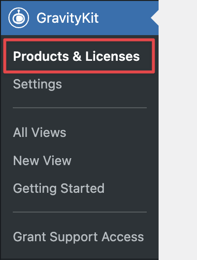 GravityKit menu with options: Products & Licenses, Settings, All Views, New View, Getting Started, Support Access