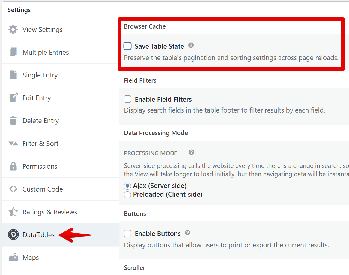 Settings menu with "Save Table State" option to preserve table pagination and sorting settings across reloads