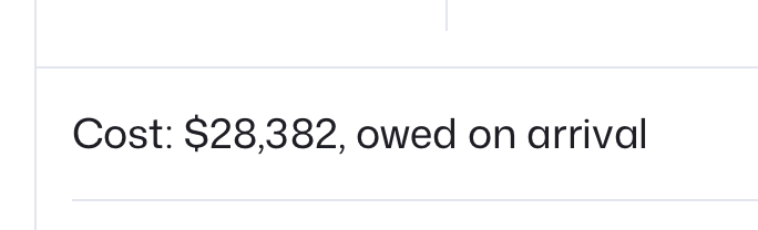 Cost of $28,382 displayed, owed on arrival