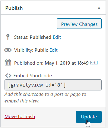 Panel with 'GravityView' shortcode and update button in WordPress editor