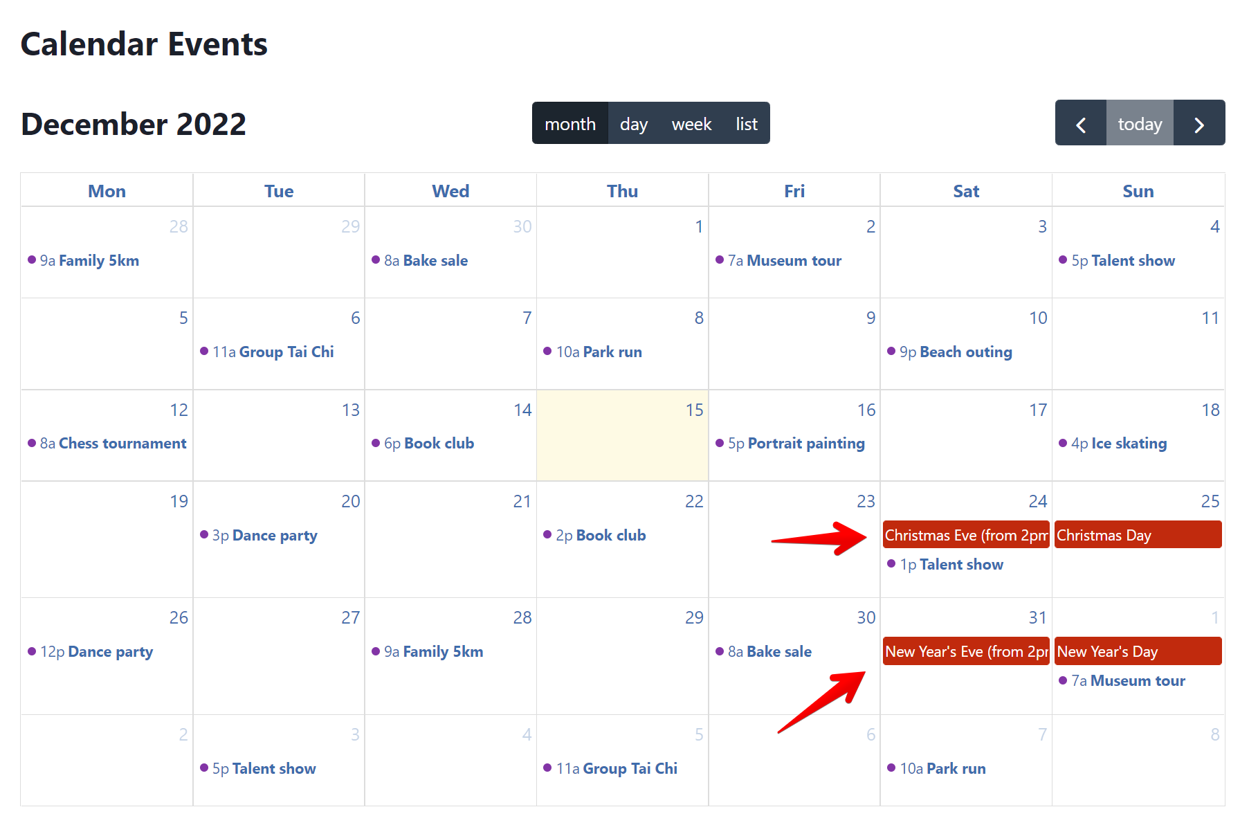 Calendar for December 2022 with events like Family 5km, Talent Show, Christmas, and New Year's highlighted
