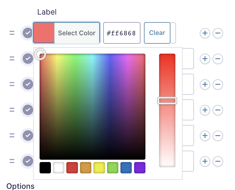 Color selection tool with a color picker, selected color code, and options to adjust colors