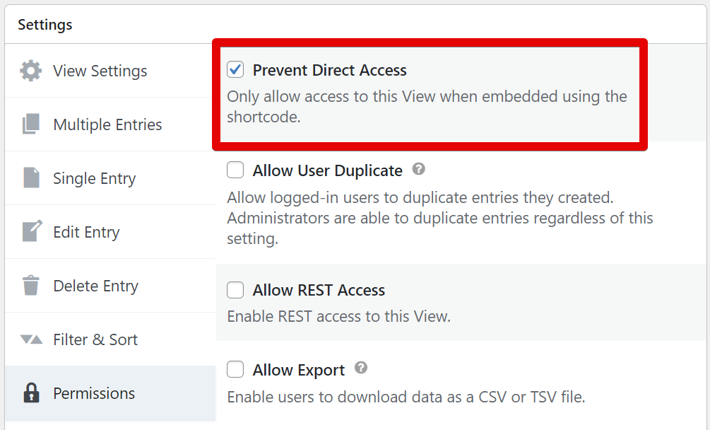 Checkbox for 'Prevent Direct Access' selected in the view permissions settings