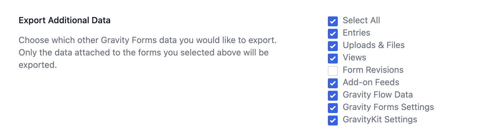 Select Gravity Forms data to export, including Entries, Uploads, Views, and GravityKit Settings