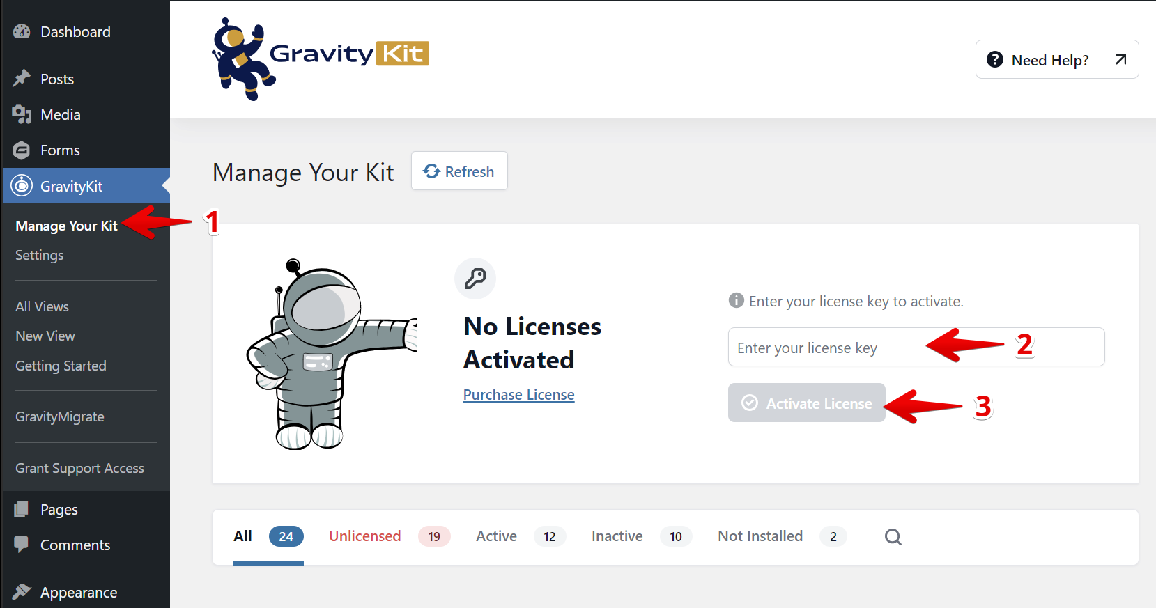 Navigate to "Manage Your Kit," enter your license key, and click "Activate License" to activate