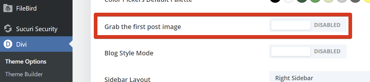Divi theme settings showing "Grab the first post image" option as disabled