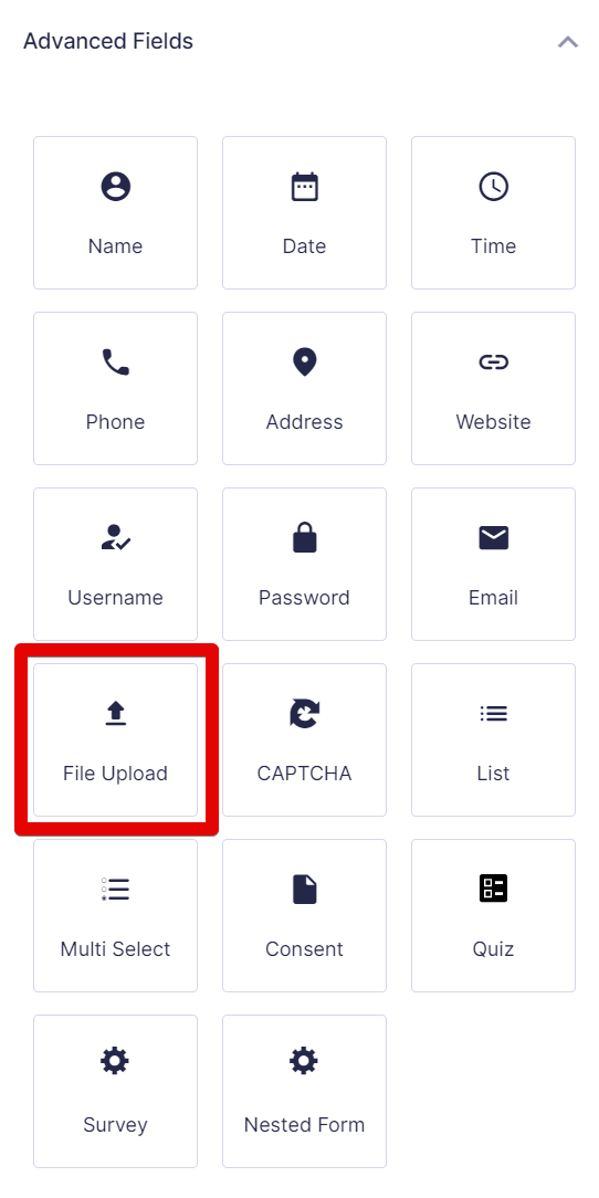 Grid of buttons for uploading files and other form inputs, highlighting the "File Upload" option