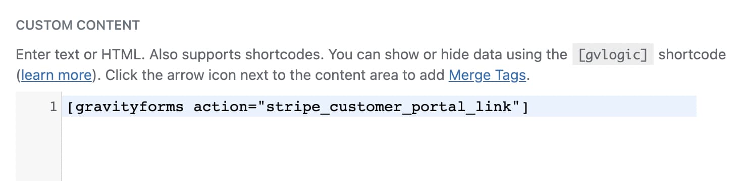 GravityForms shortcode example for adding a Stripe customer portal link