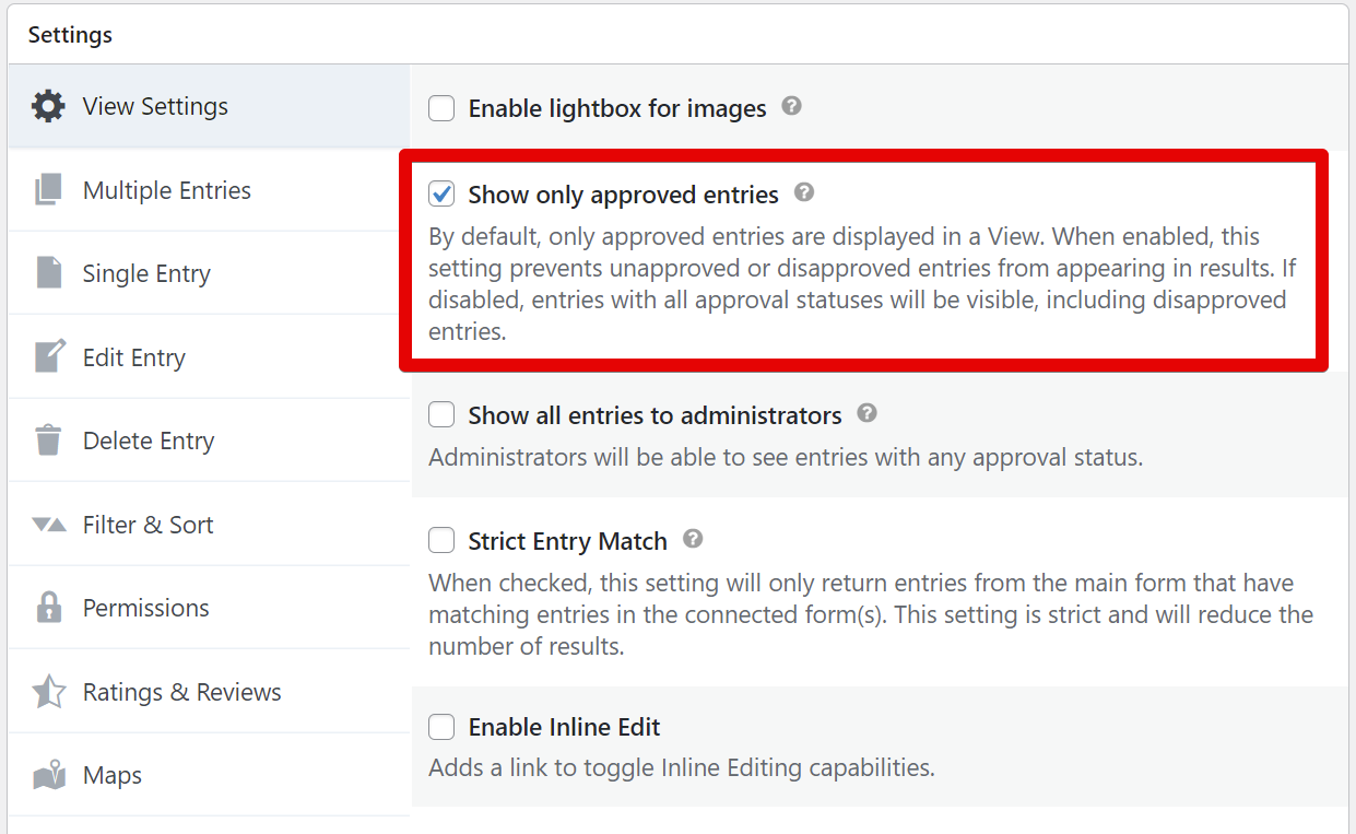Checkbox for "Show only approved entries" selected, preventing unapproved entries from appearing in a View