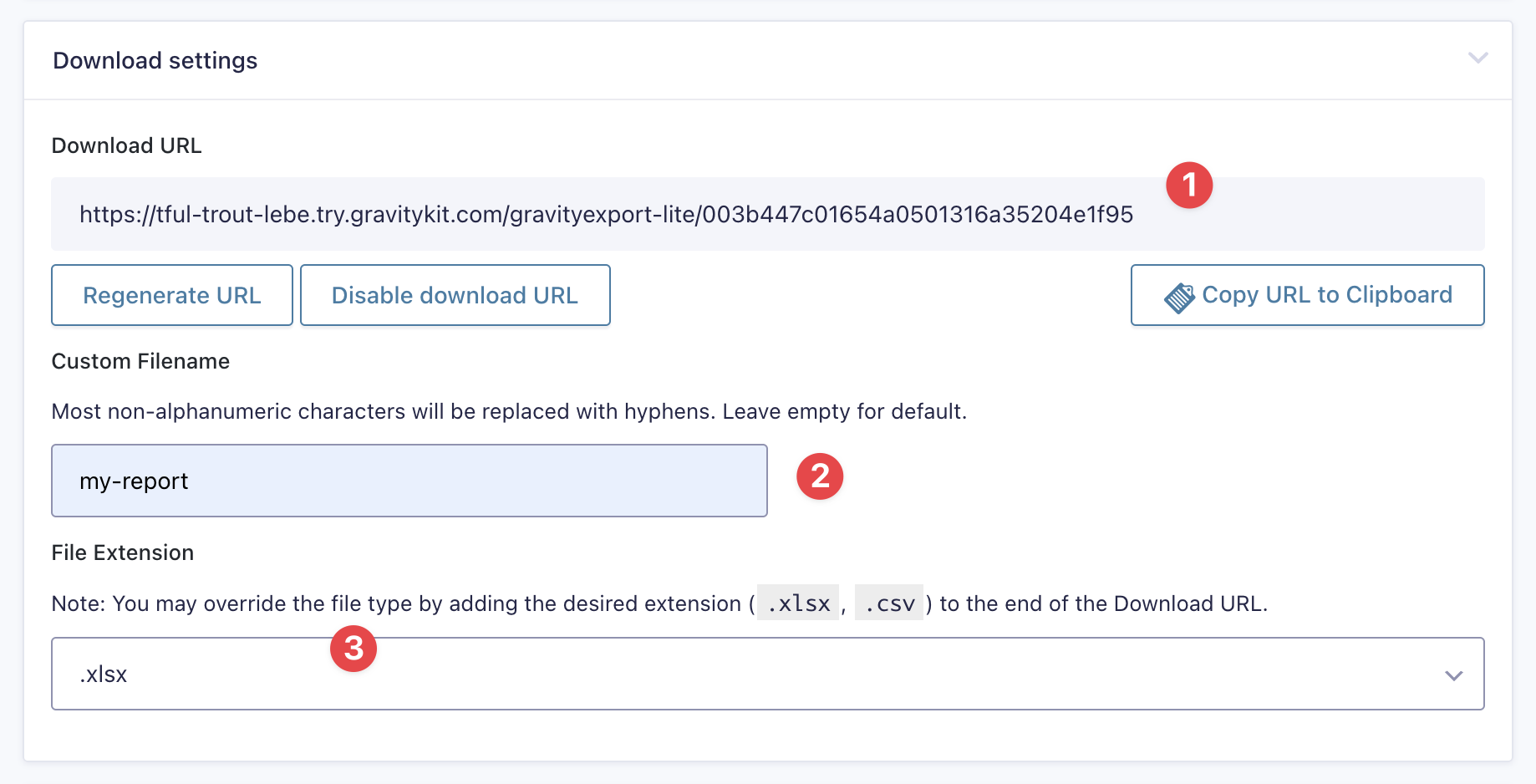 Download settings with URL, filename "my-report", file extension ".xlsx". Options to regenerate URL