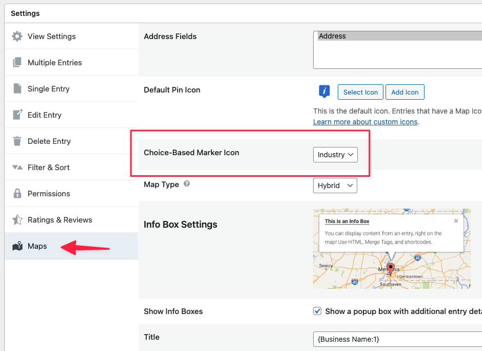 Settings interface for associating a custom map pin icon with a specific field value