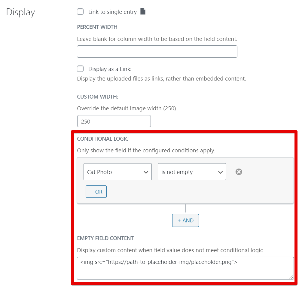 Field showing conditional logic setup; displays field if "Cat Photo" is not empty